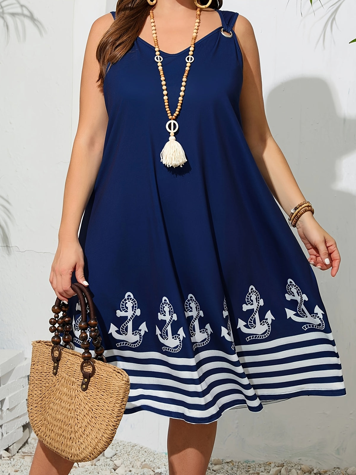 Robe d'été grande taille — Bleu marine à ancres et rayures