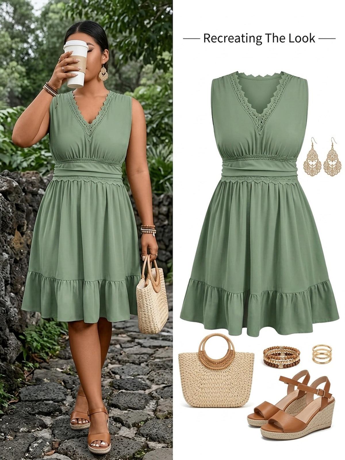 Robe courte d'été grande taille — Guipure et volant croisé