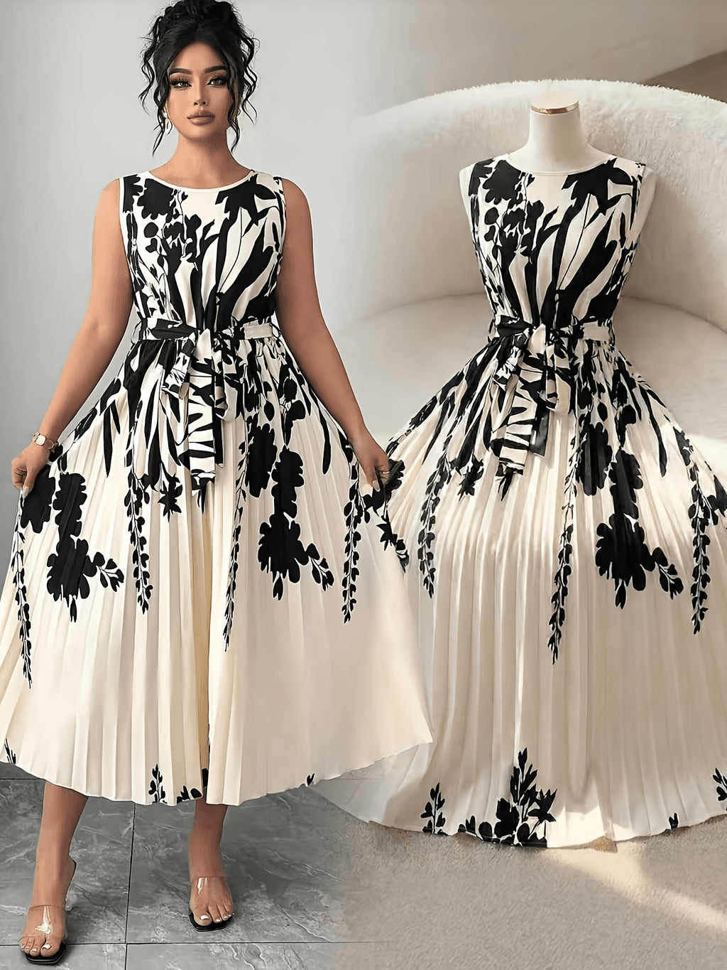Robe d'été grande taille — Feuillage noir sur écru plissé