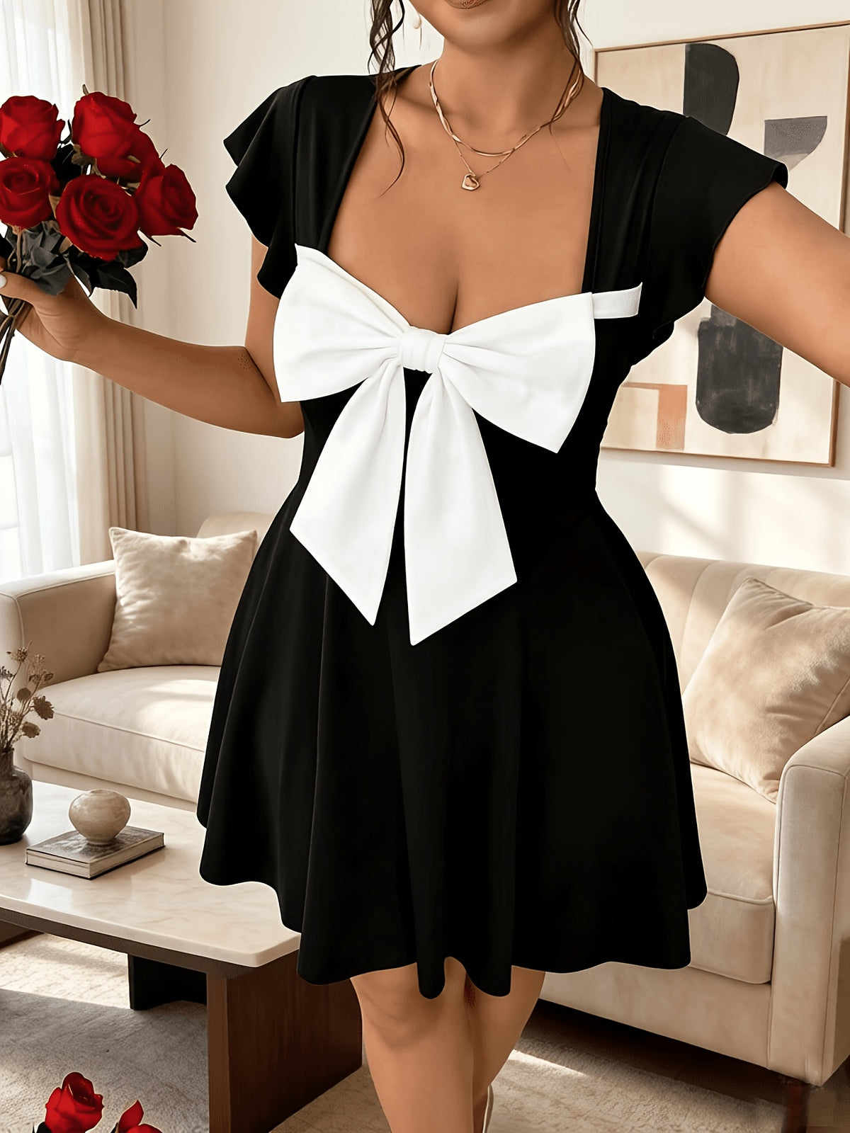 Robe évasée grande taille, ruban sous le décolleté