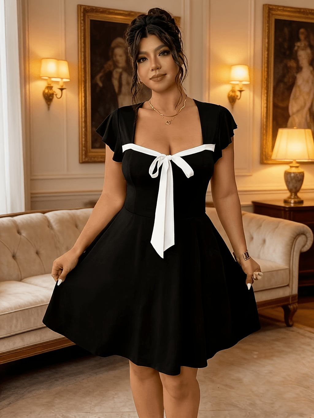 Robe évasée grande taille, ruban sous le décolleté