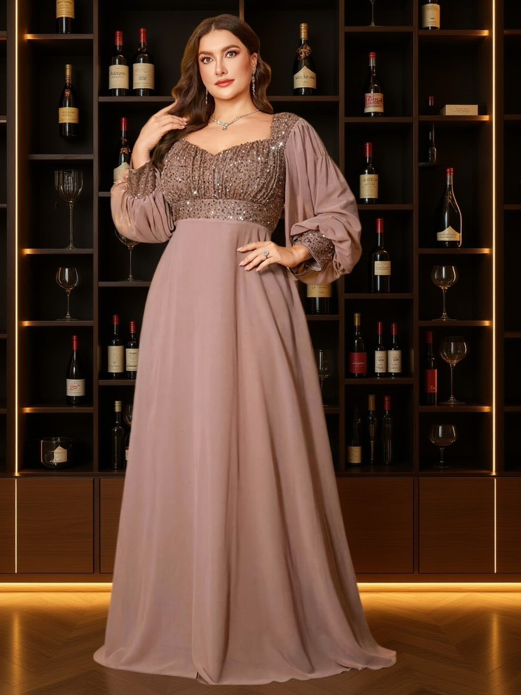 Robe de gala grande taille, buste sequiné en vieux