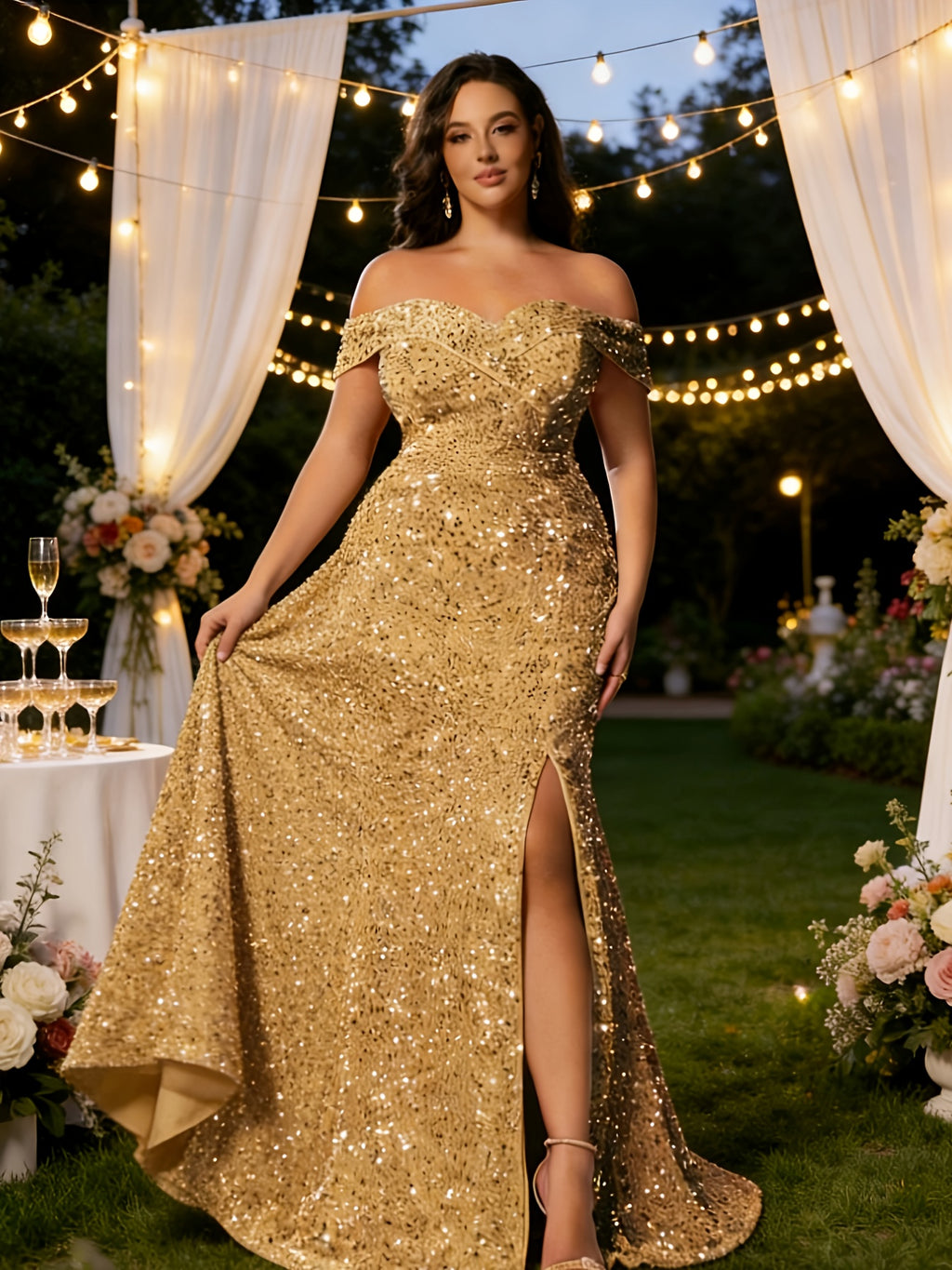 Robe de soirée grande taille, sequins bardot fendue