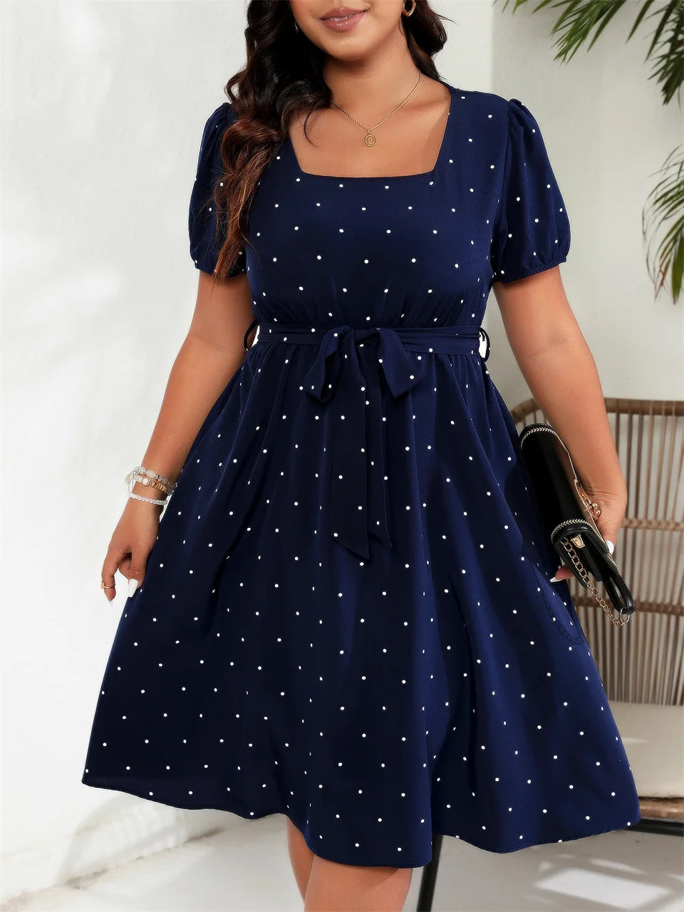 Robe grande taille à pois, bleu