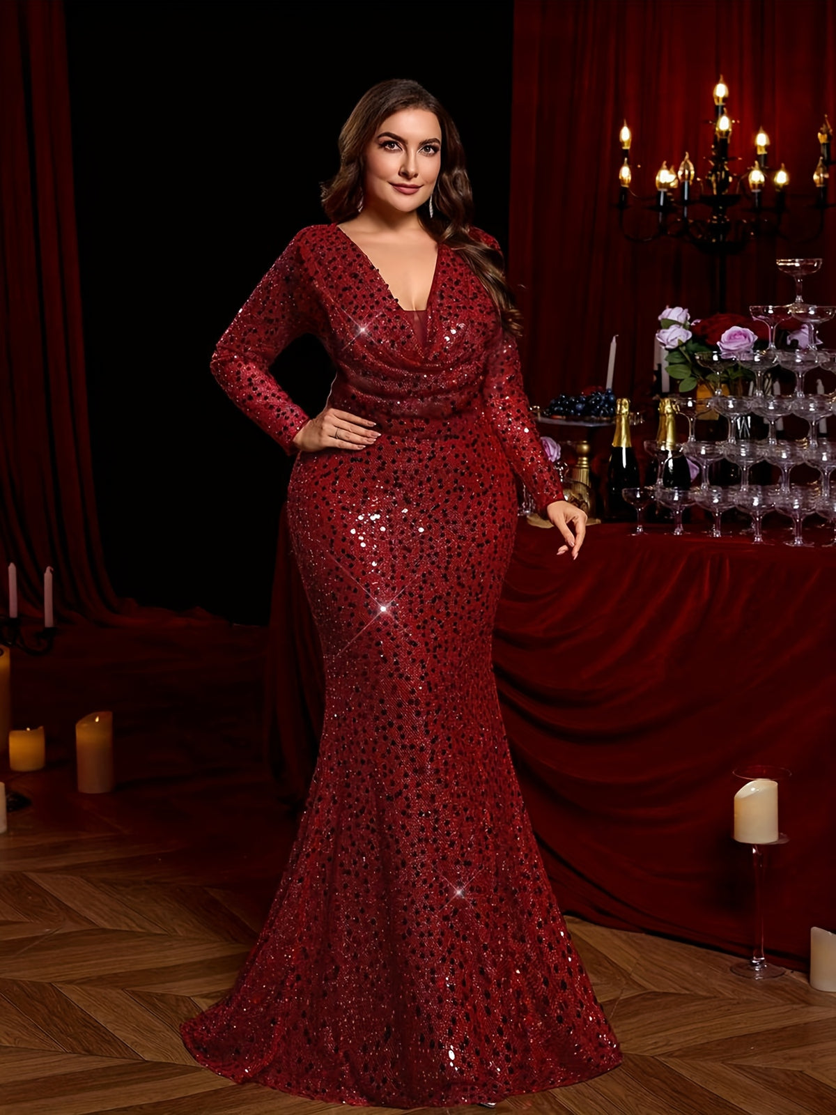 Robe de soirée grande taille — Rouge vin à sequins ronds