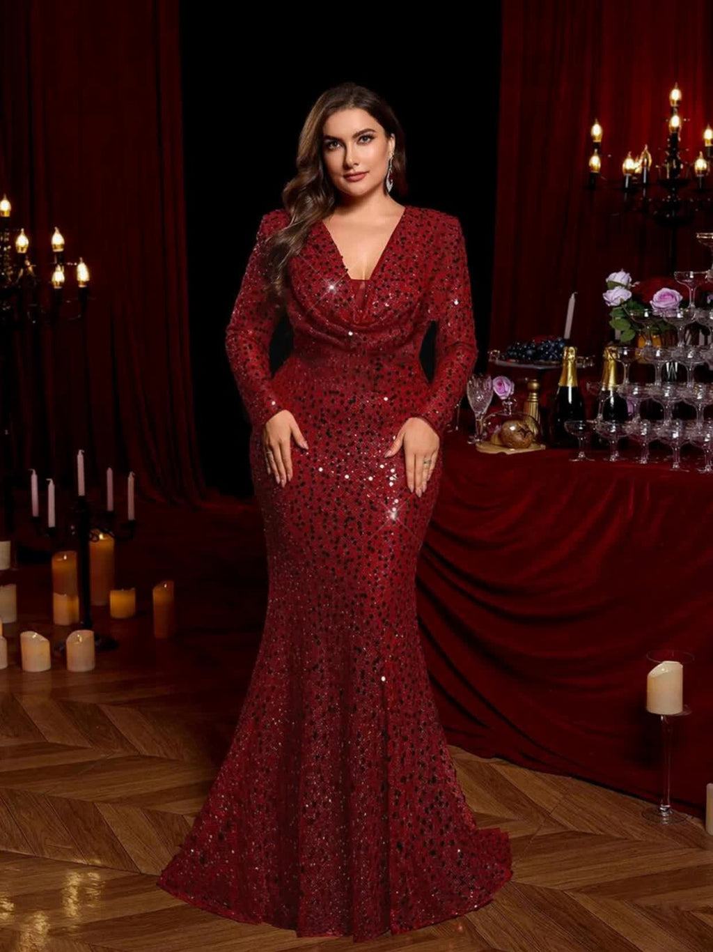 Robe de soirée grande taille — Rouge vin à sequins ronds