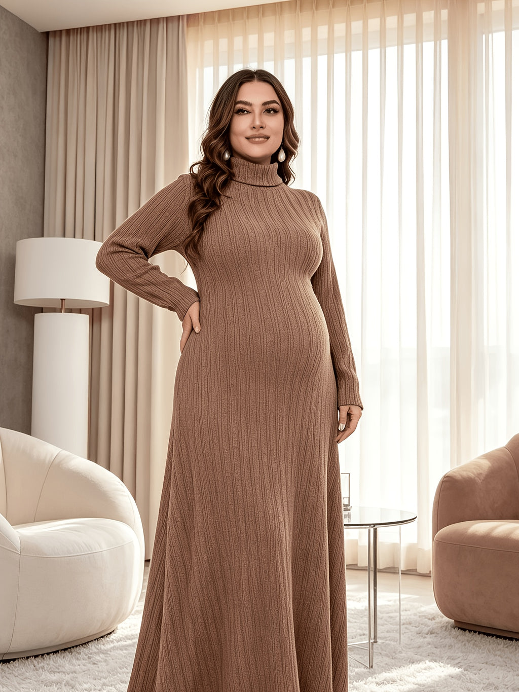 Robe de grossesse grande taille, côtes fines et col montant
