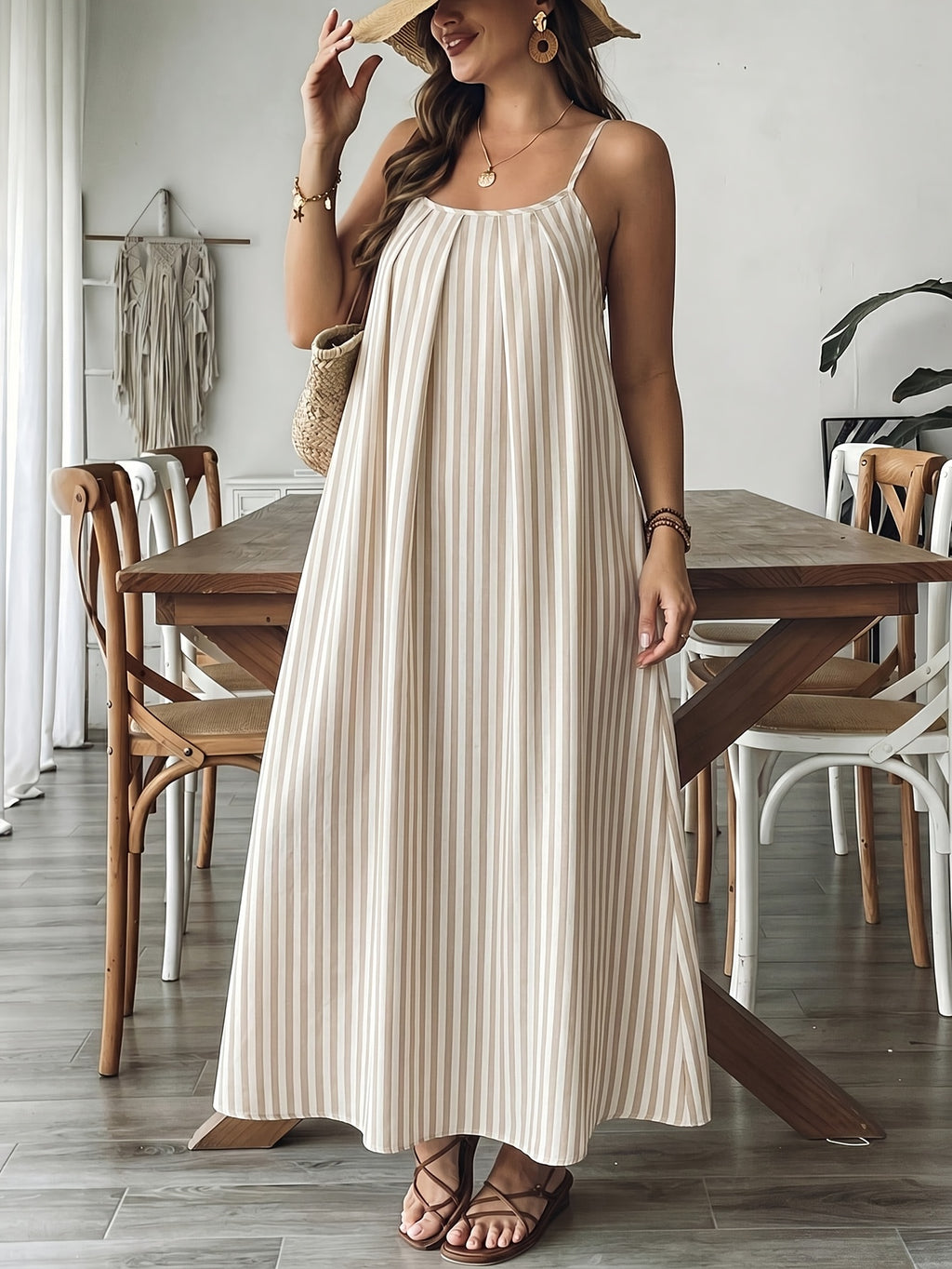 Robe de grossesse grande taille — Maxi rayée beige et blanc