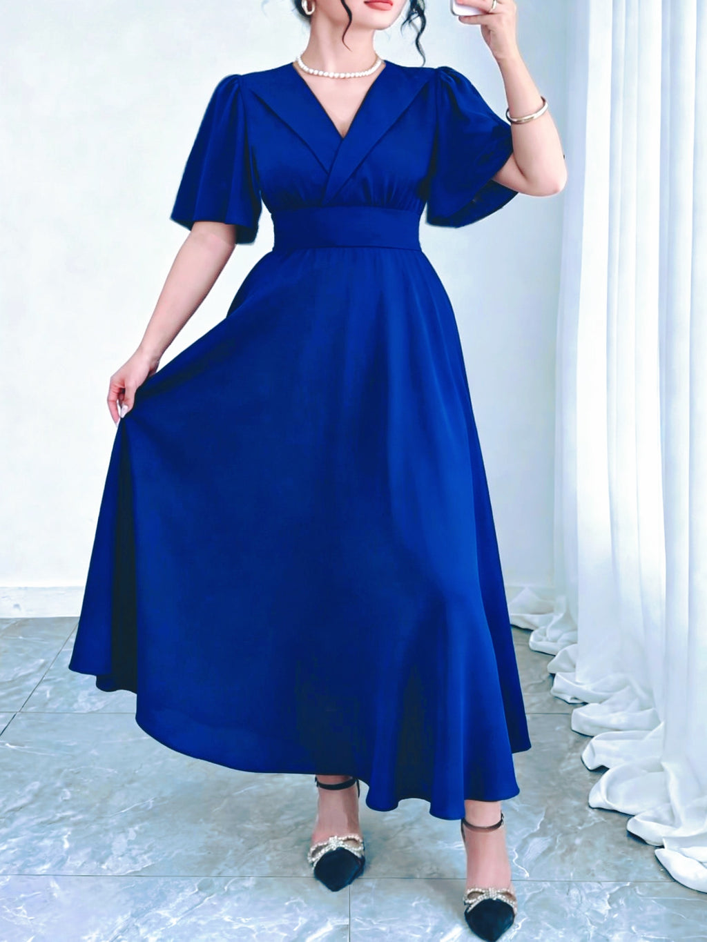 Robe habillée grande taille, col à revers et taille large