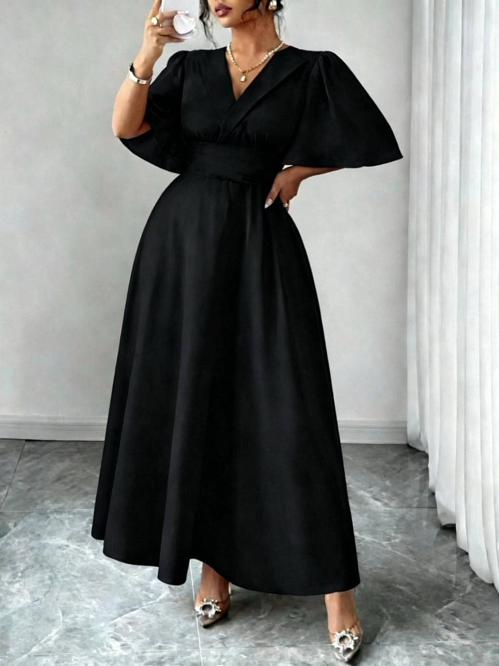 Robe habillée grande taille, col à revers et taille large