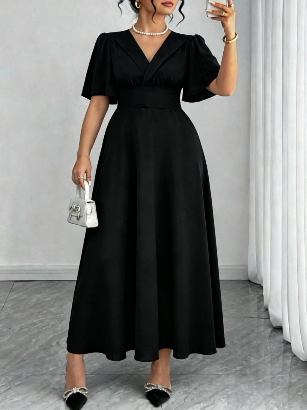 Robe habillée grande taille, col à revers et taille large