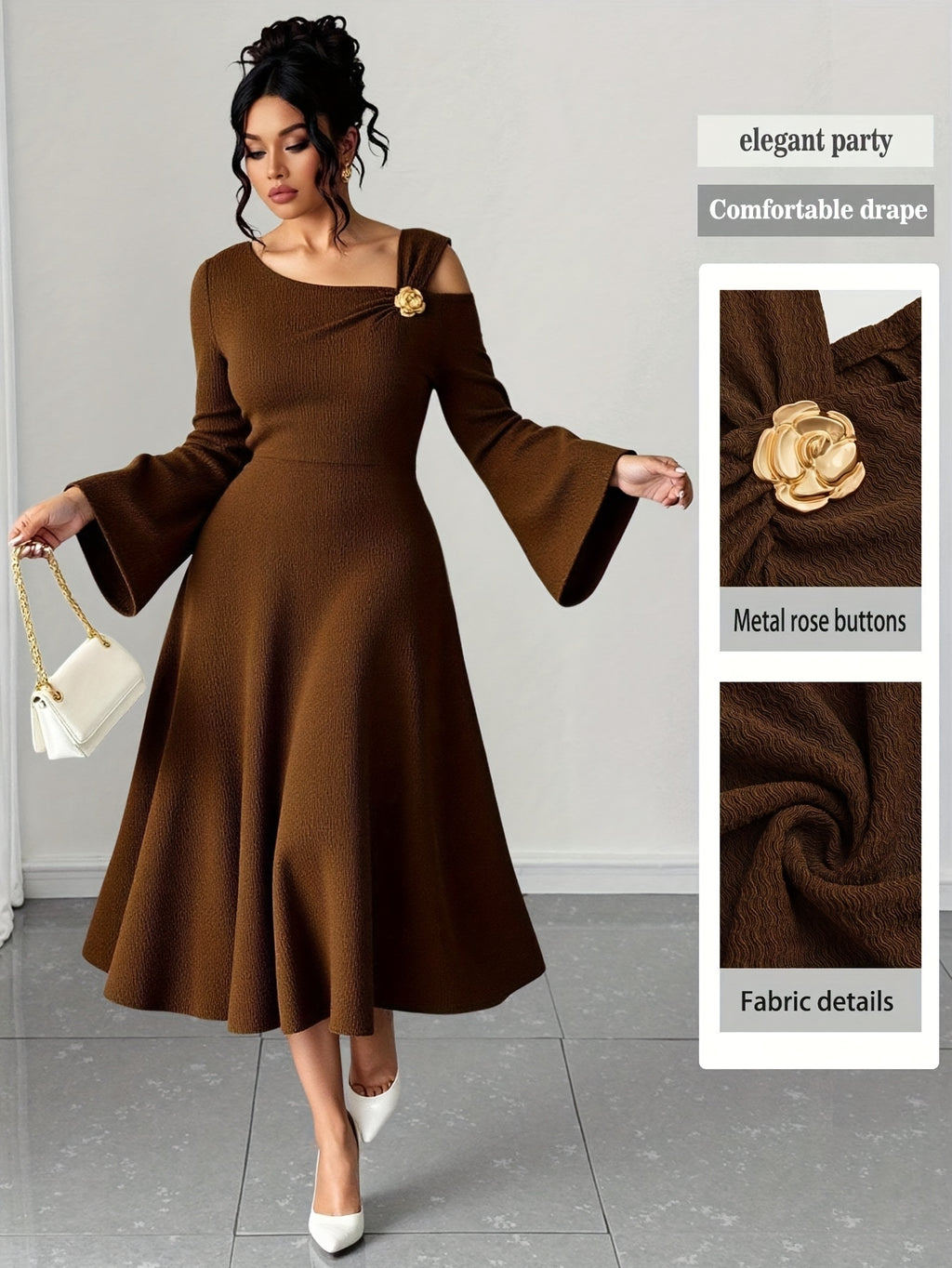 Robe habillée grande taille — Épaule ouverte et fleur dorée