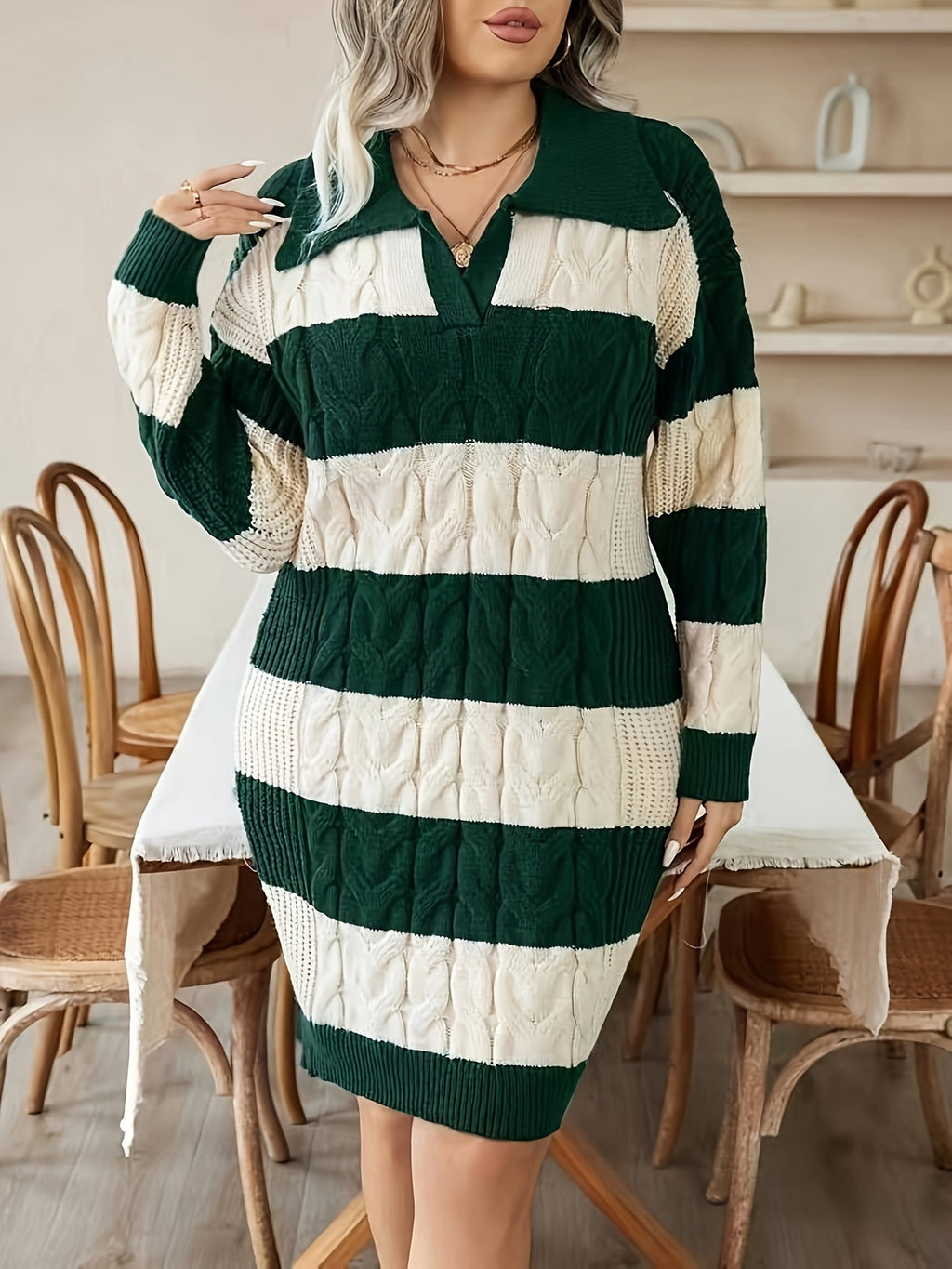 Robe d'hiver grande taille — Larges rayures marine et écru
