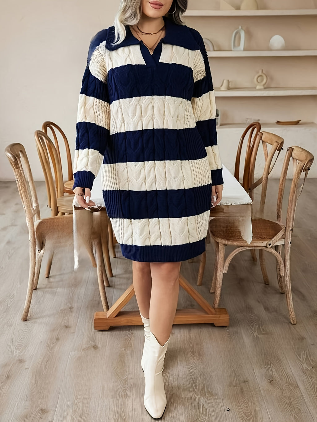 Robe d'hiver grande taille — Larges rayures marine et écru