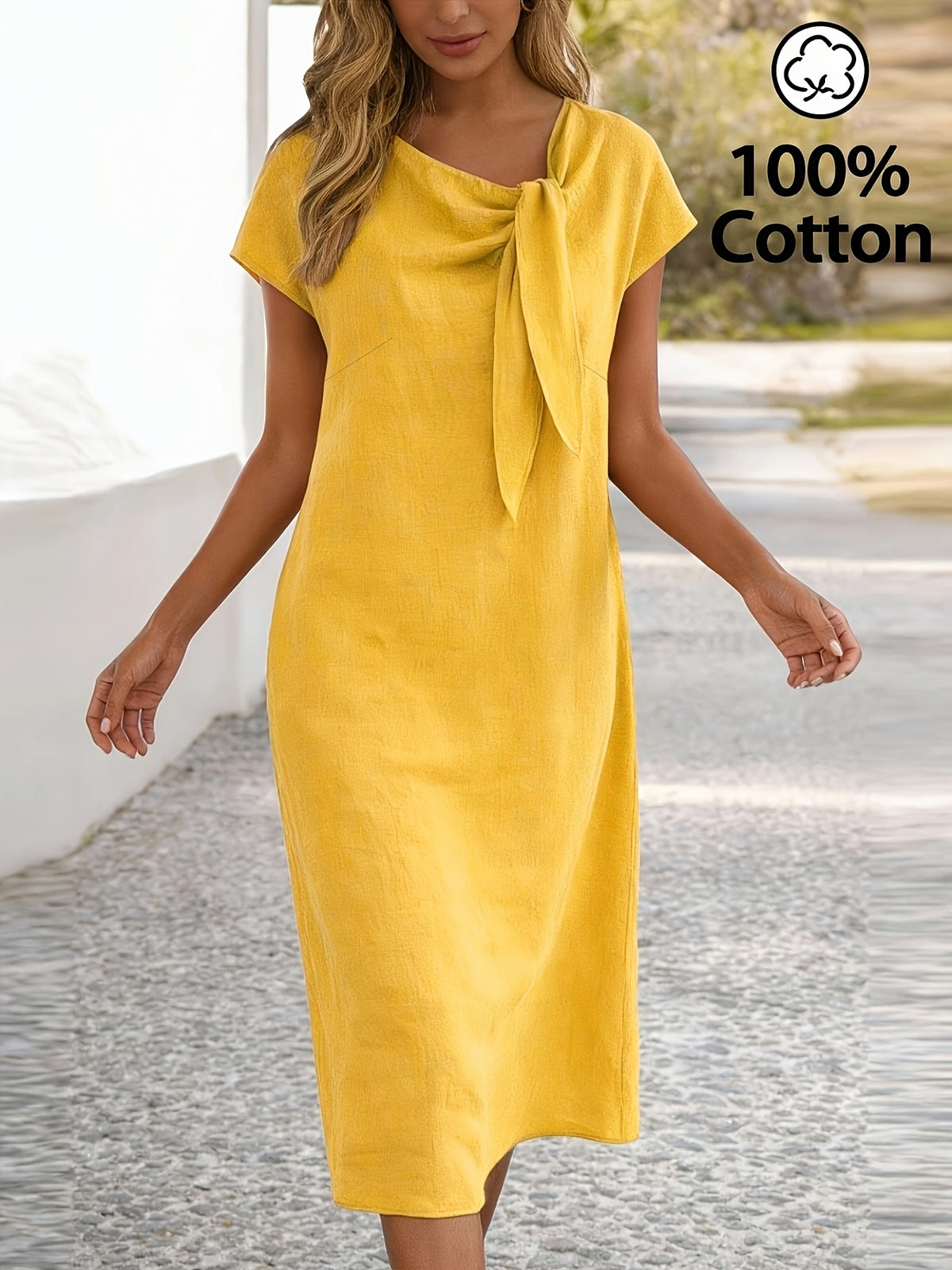 Robe jaune grande taille — Encolure oblique nouée à poches