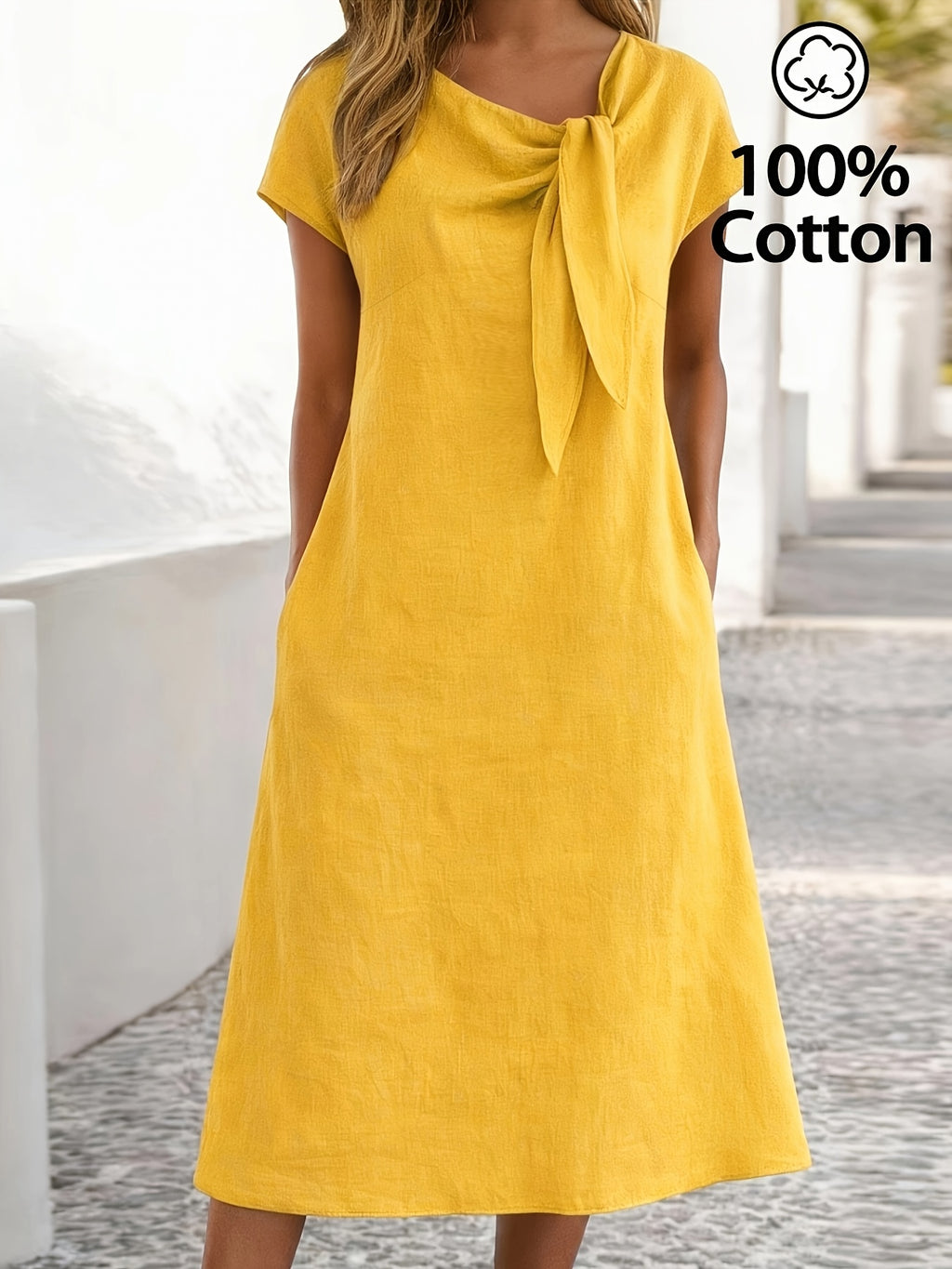 Robe jaune grande taille — Encolure oblique nouée à poches