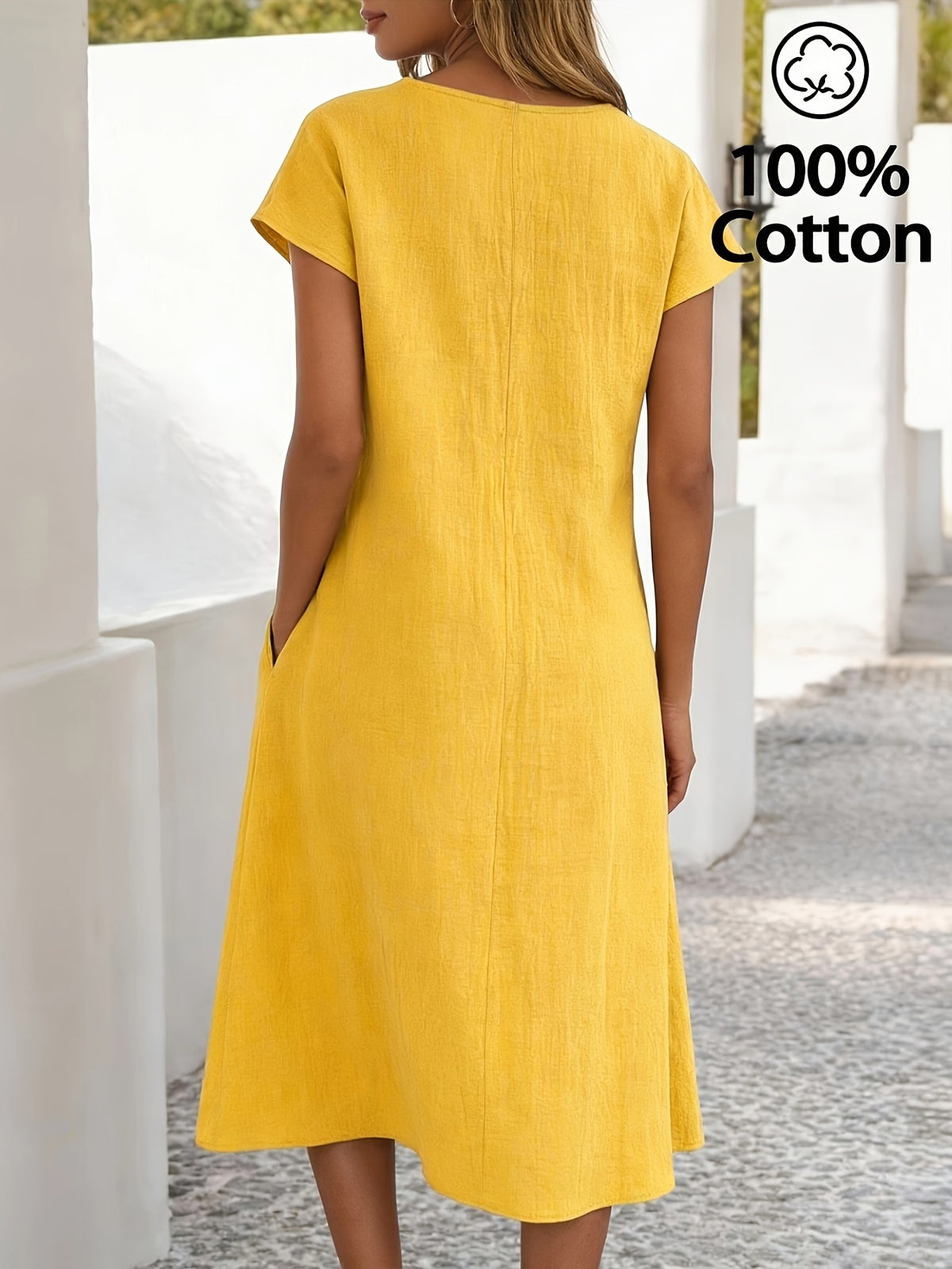 Robe jaune grande taille — Encolure oblique nouée à poches