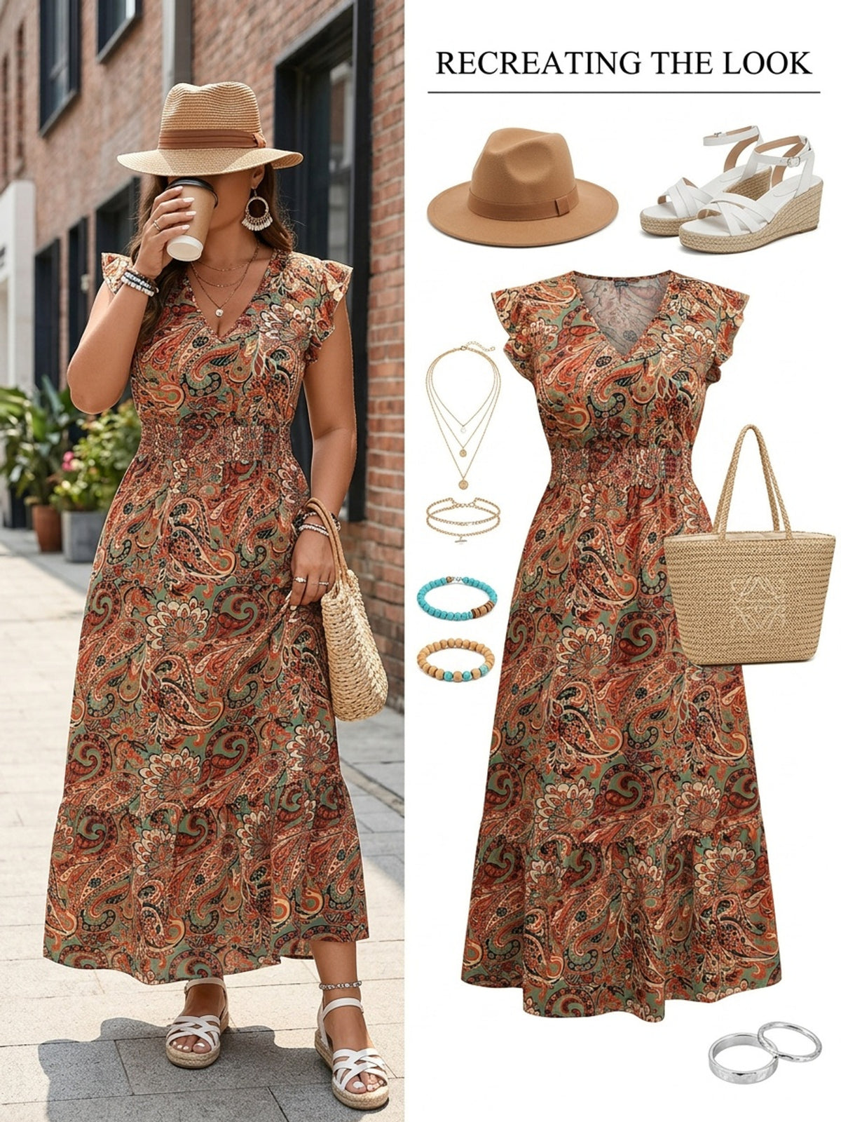 Robe longue grande taille — Motif cachemire et taille smockée