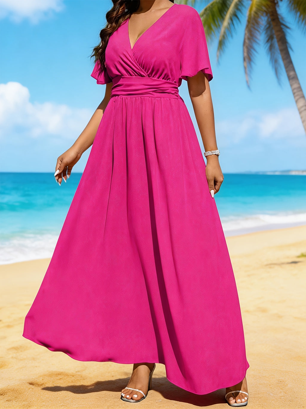 Robe longue grande taille — Rose fuchsia à taille froncée