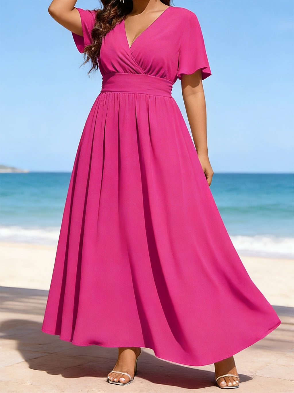 Robe longue grande taille — Rose fuchsia à taille froncée
