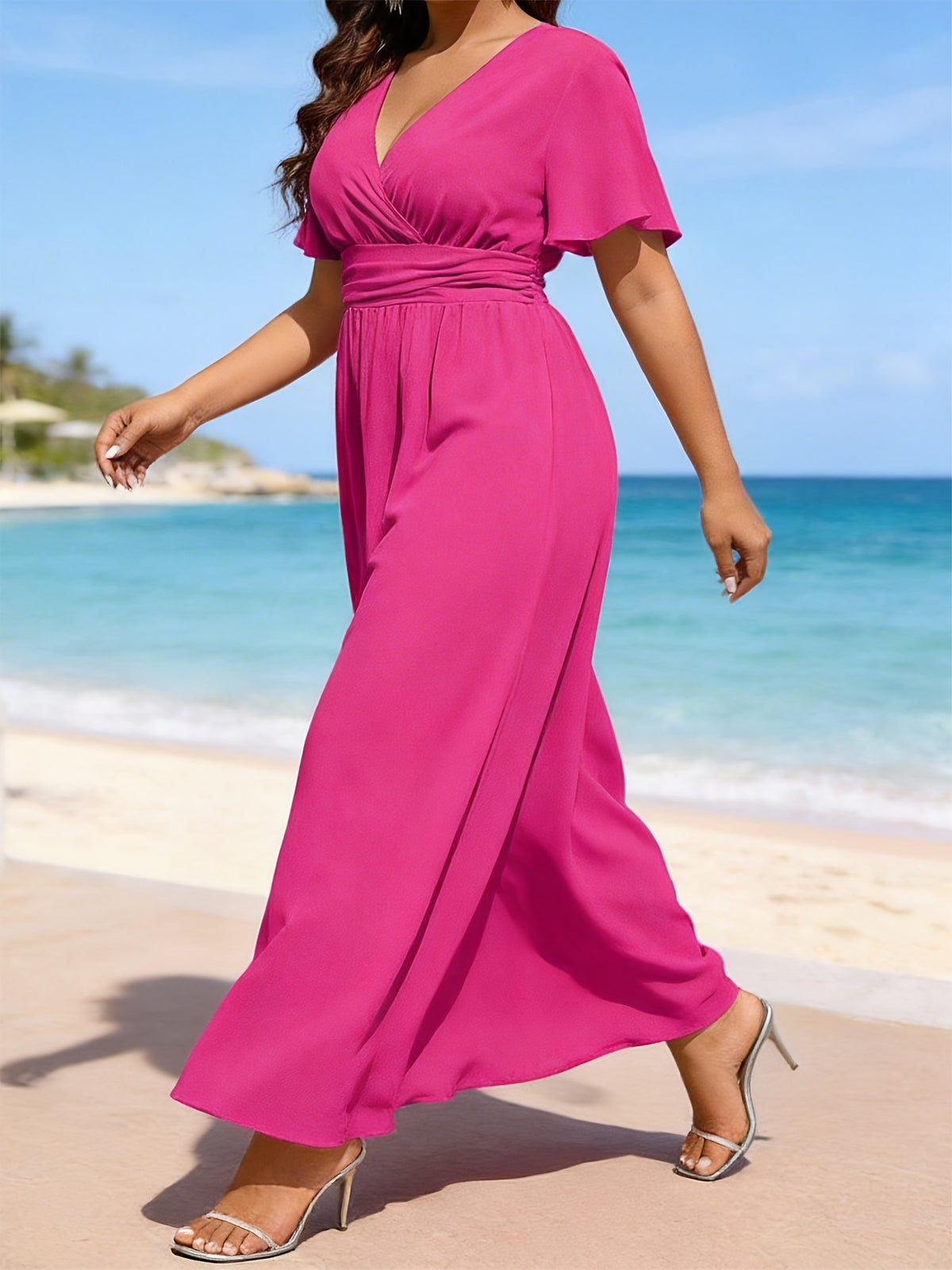 Robe longue grande taille — Rose fuchsia à taille froncée