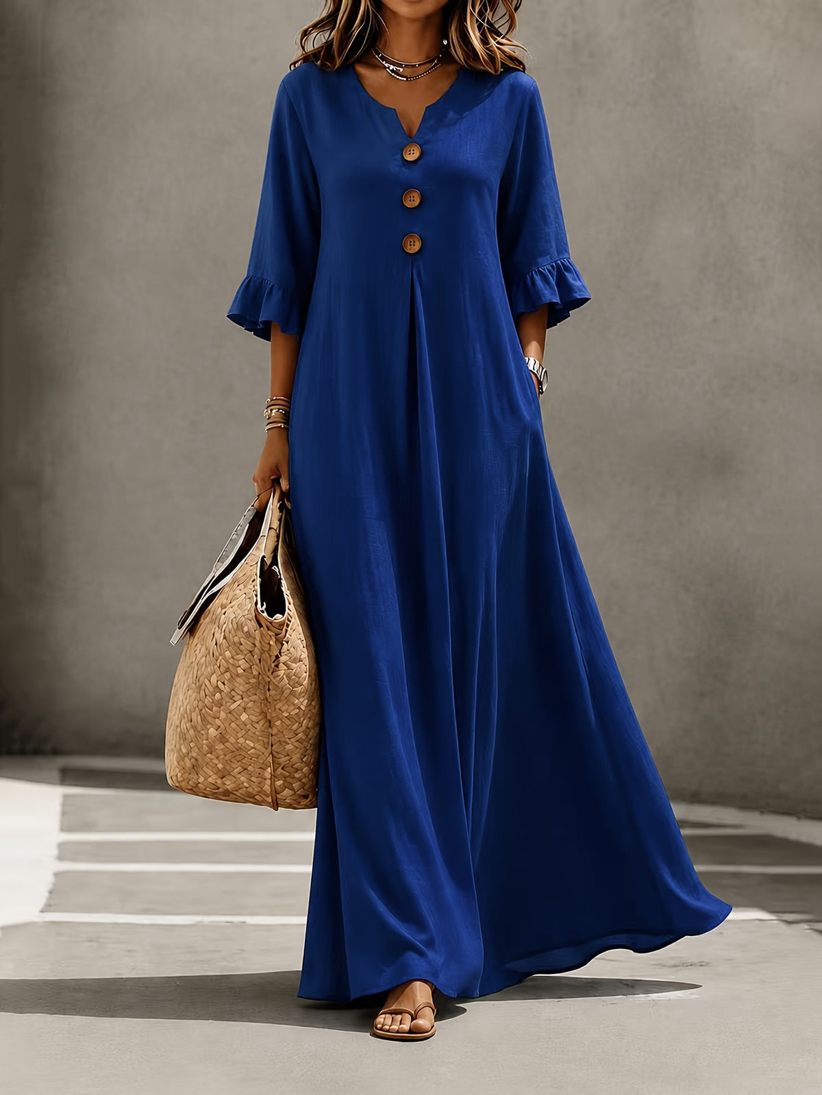 Robe longue grande taille, pli creux et manches à volant