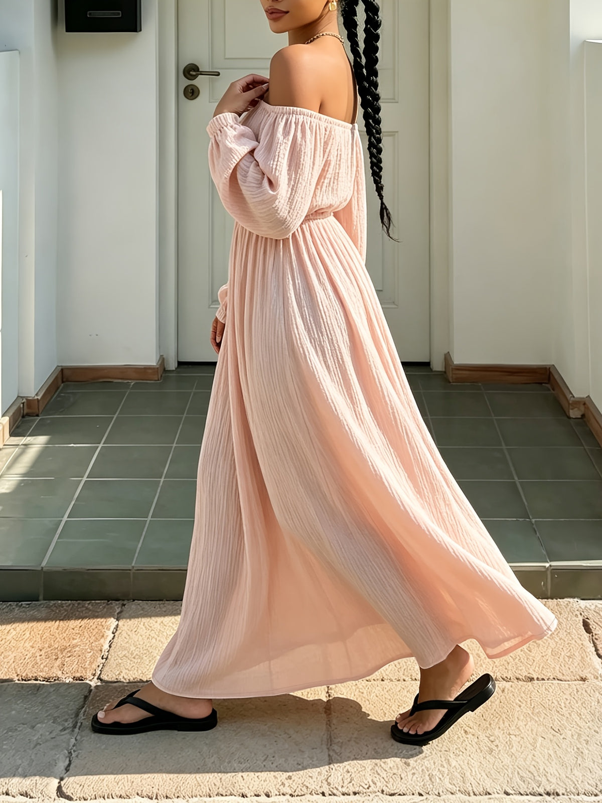 Robe longue grande taille — Encolure bardot en rose pâle