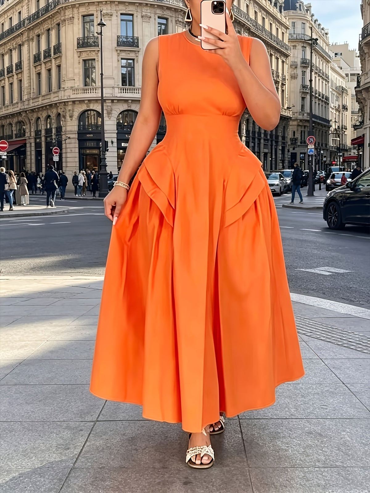 Robe longue grande taille — Basque drapée, orange vif uni