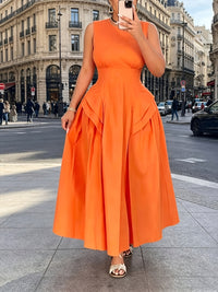Robe longue grande taille — Basque drapée, orange vif uni