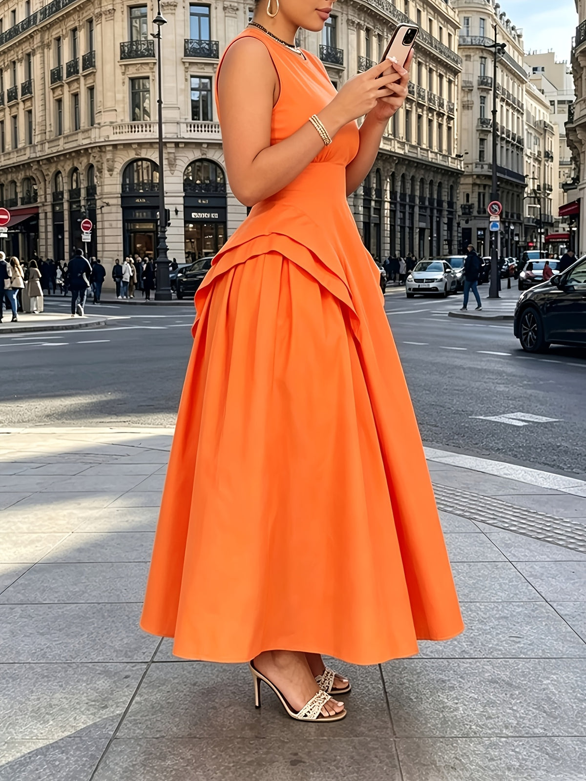 Robe longue grande taille — Basque drapée, orange vif uni