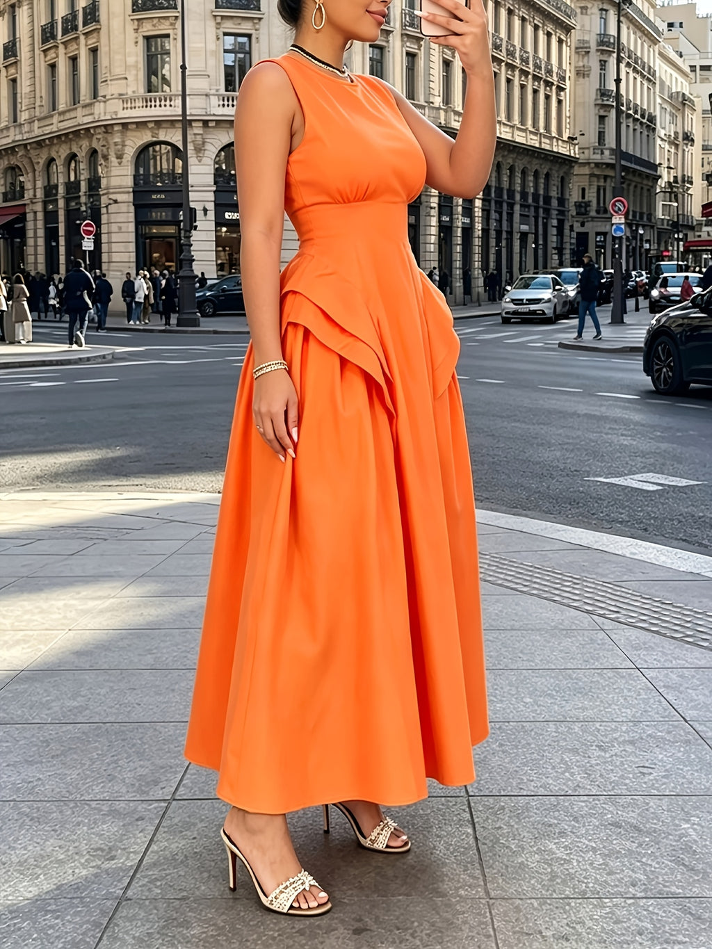 Robe longue grande taille — Basque drapée, orange vif uni