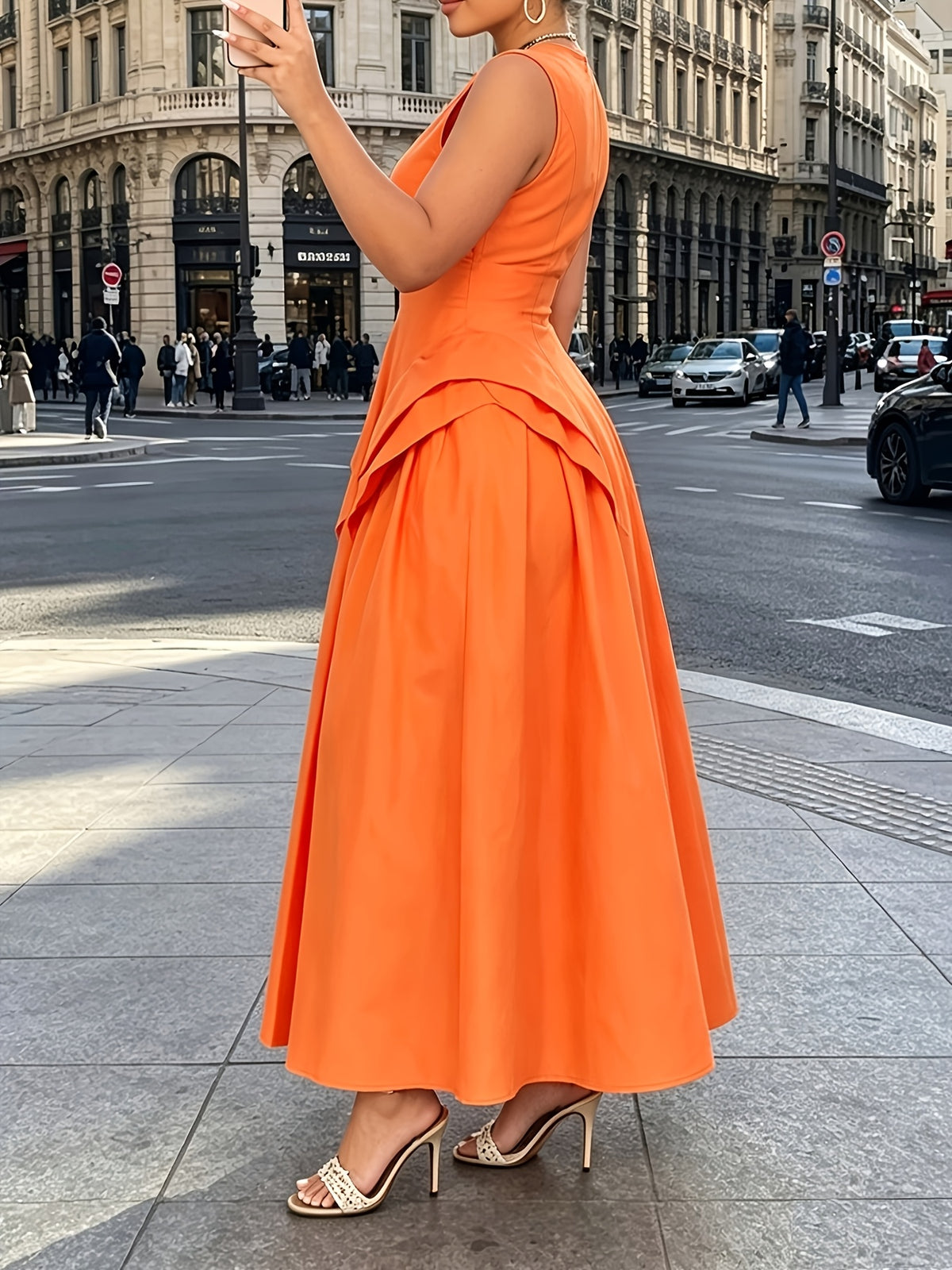 Robe longue grande taille — Basque drapée, orange vif uni