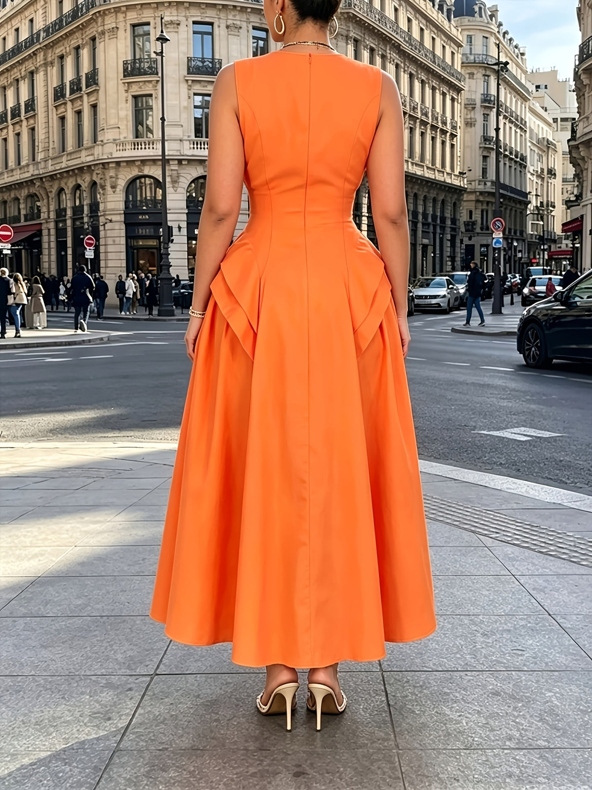 Robe longue grande taille — Basque drapée, orange vif uni