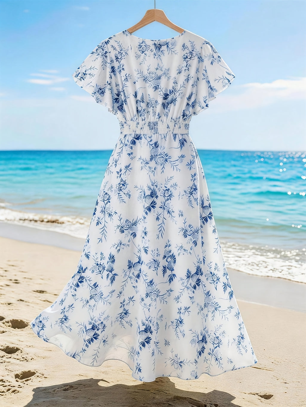 Robe longue grande taille — Branches fleuries bleu et blanc
