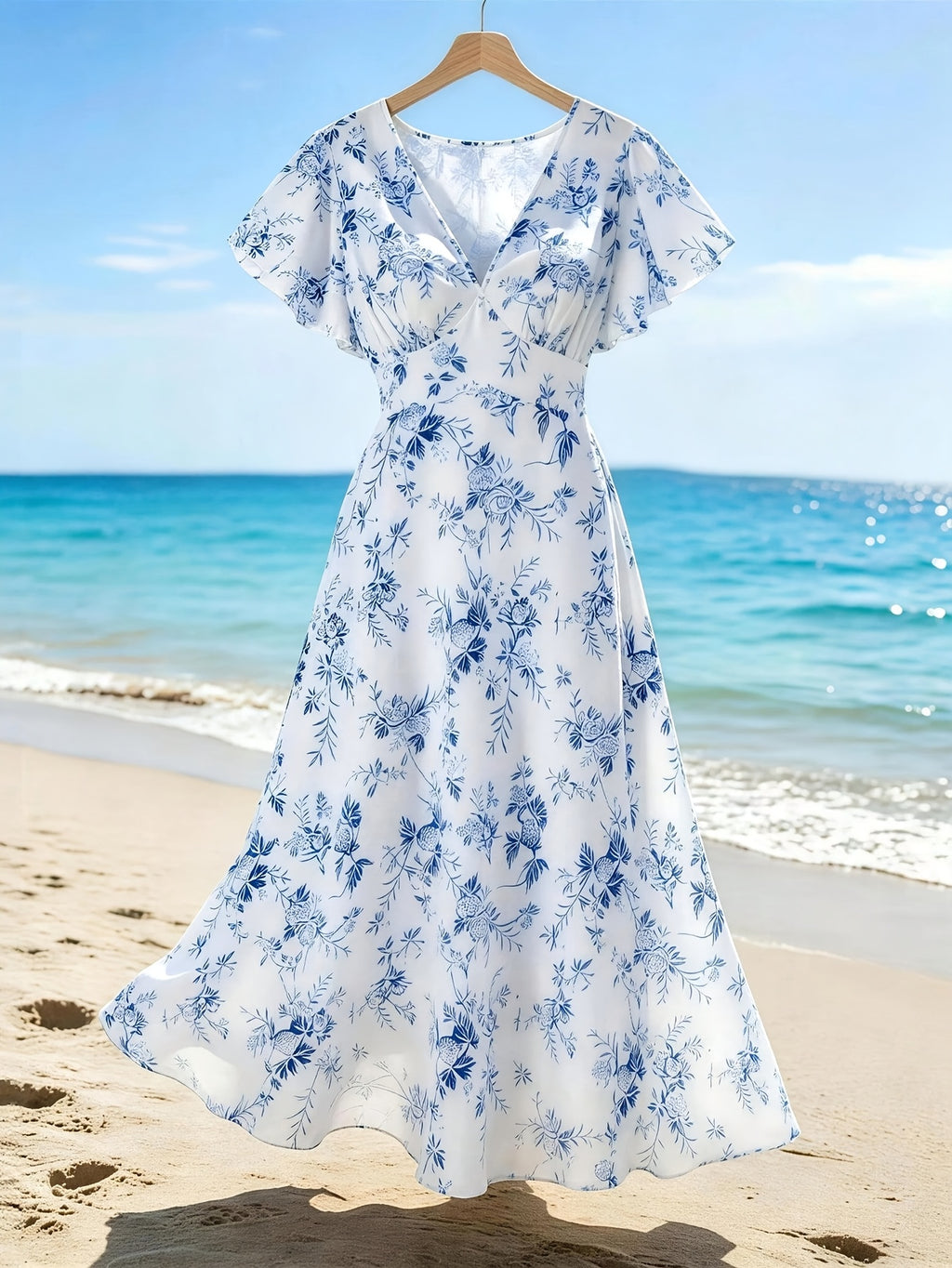 Robe longue grande taille — Branches fleuries bleu et blanc