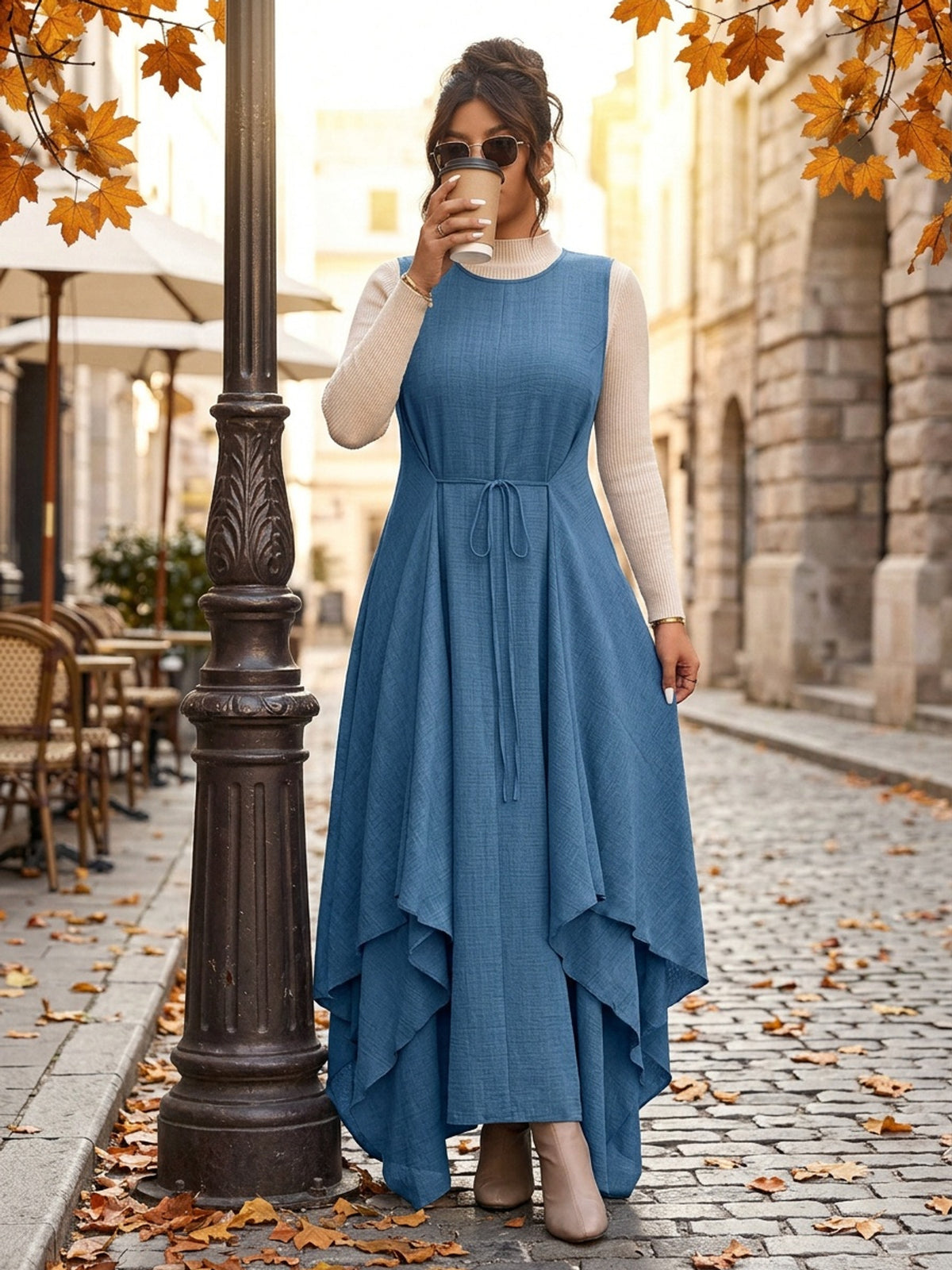 Robe longue grande taille — Bleu jean, ourlet en mouchoir