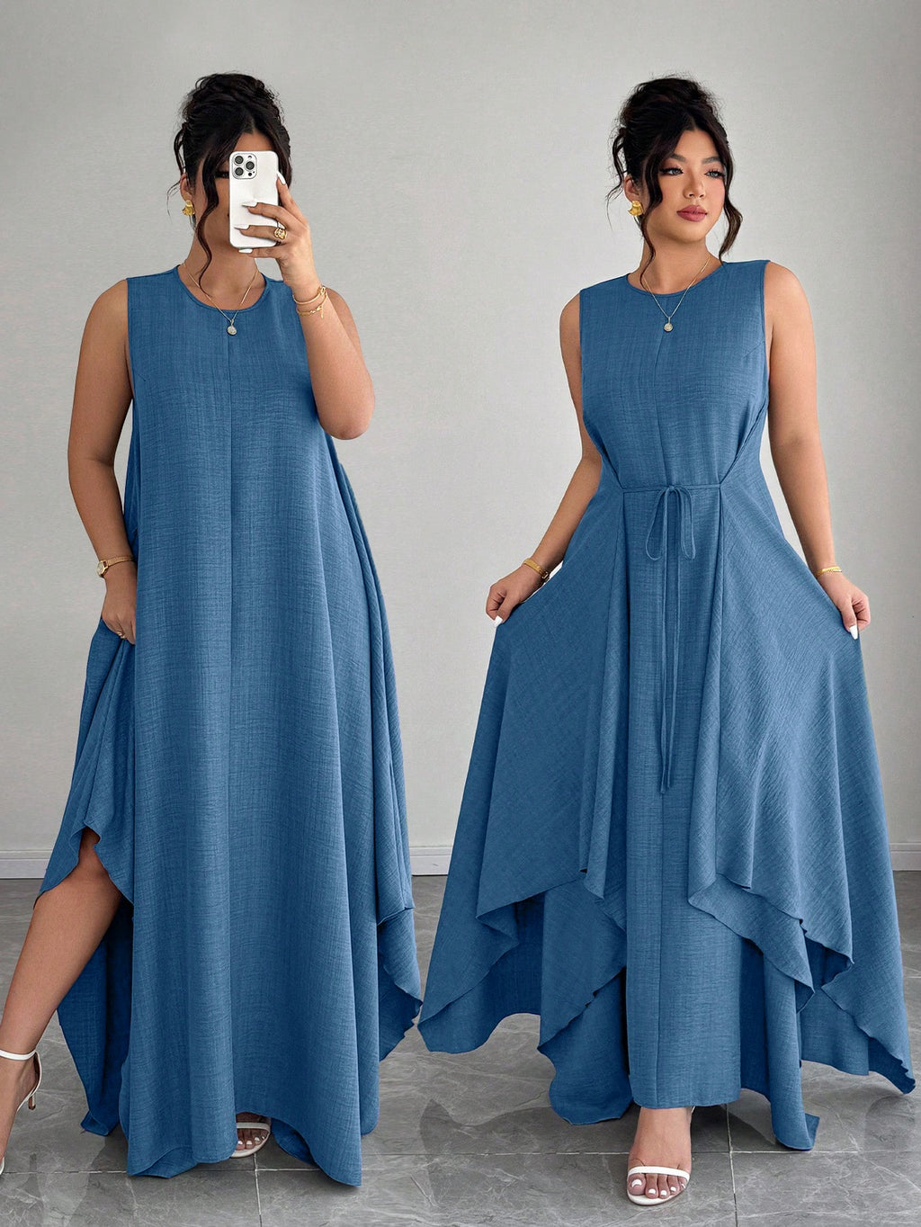 Robe longue grande taille — Bleu jean, ourlet en mouchoir