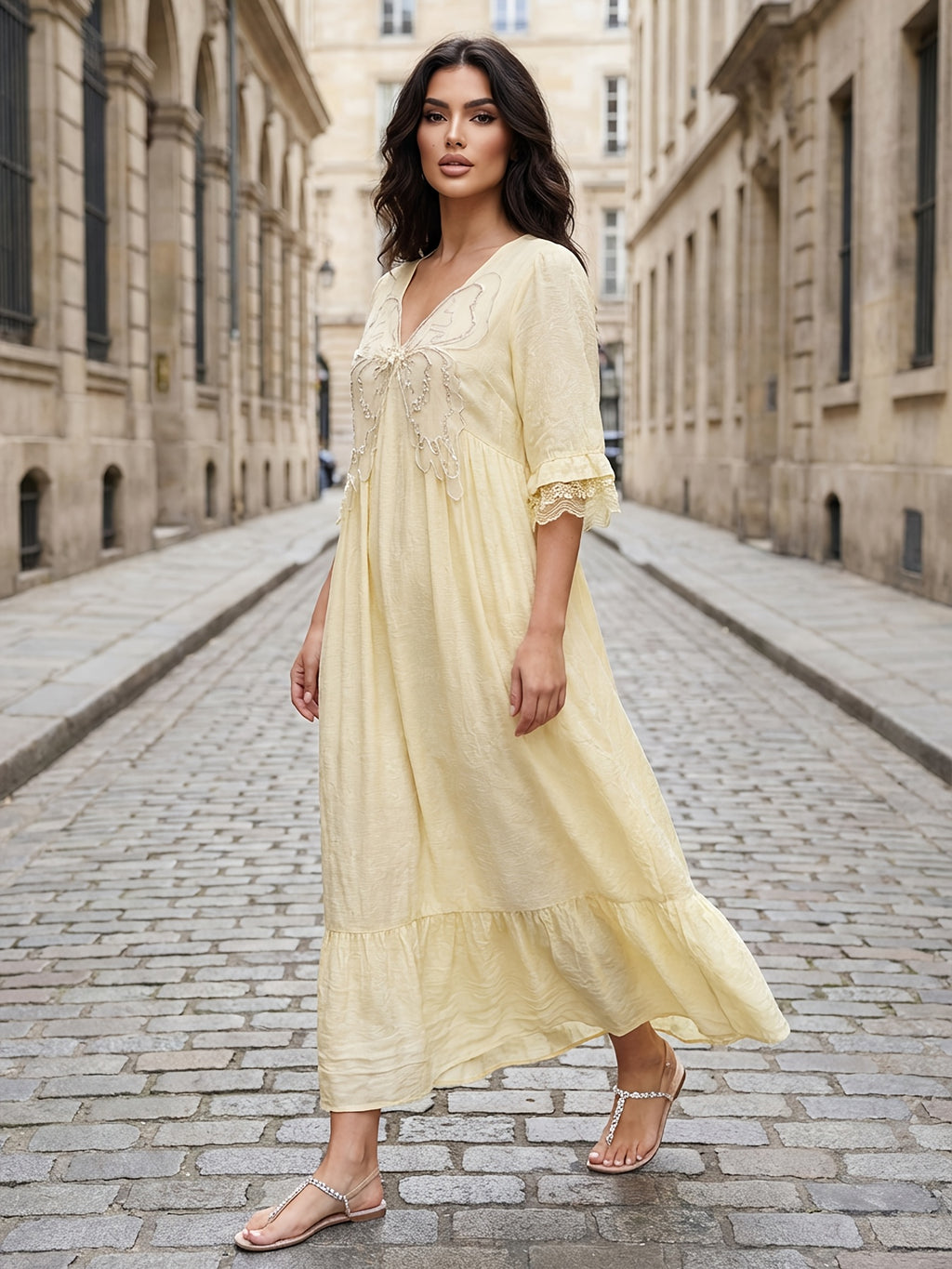 Robe longue grande taille — Bohème en viscose jaune pâle