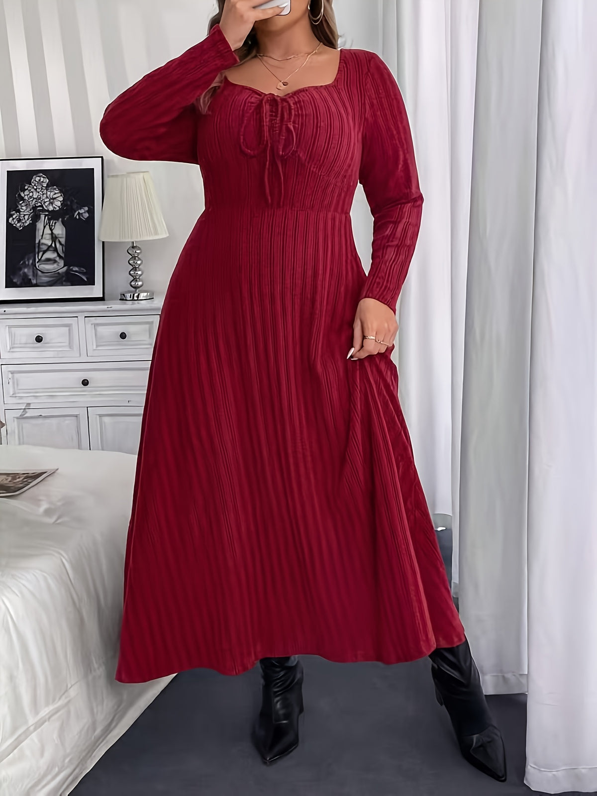 Robe longue bordeaux grande taille — Col carré à lien noué