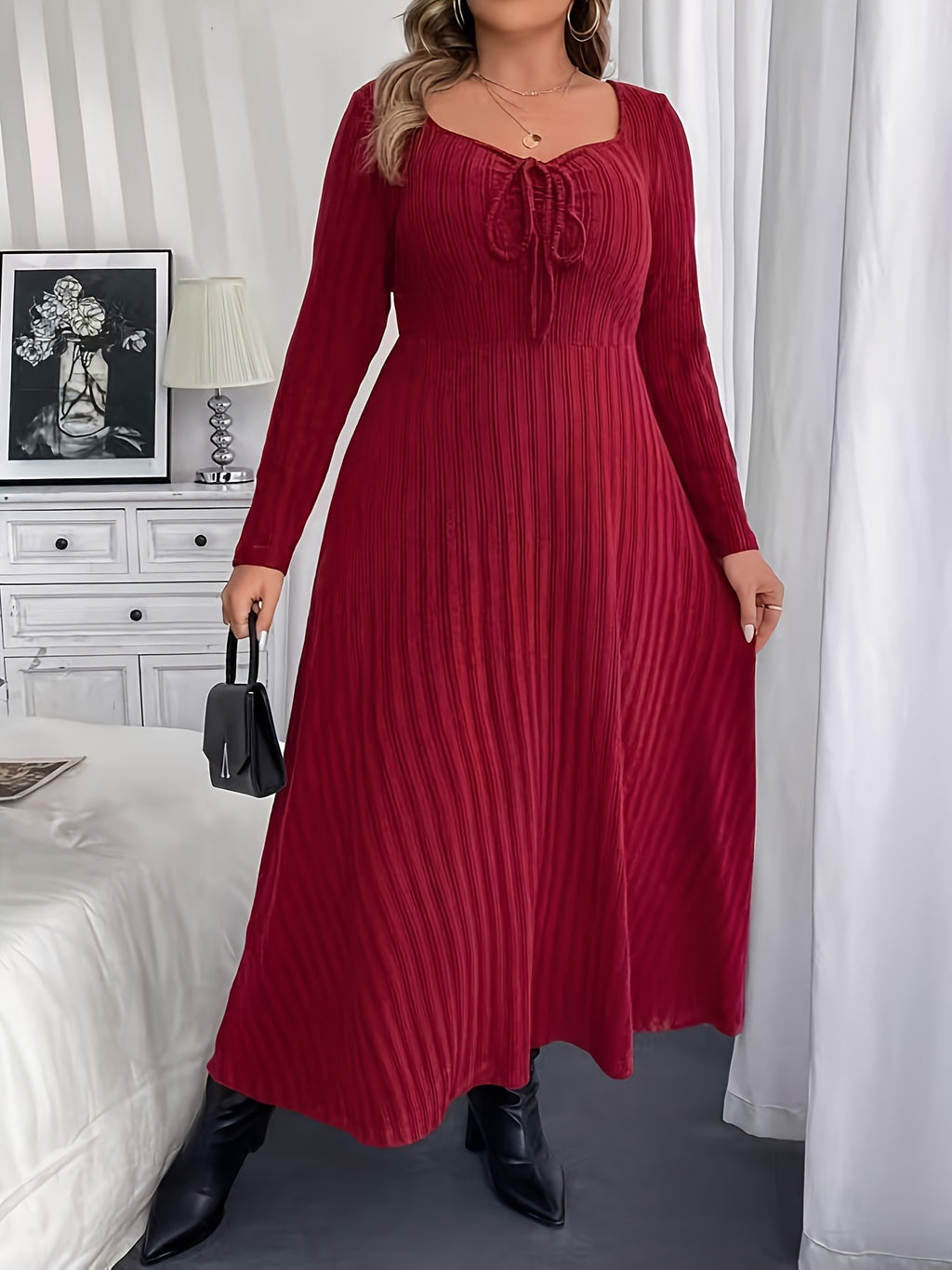 Robe longue bordeaux grande taille — Col carré à lien noué