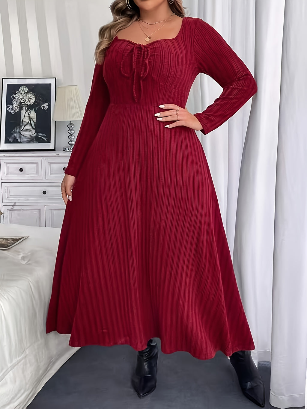 Robe longue bordeaux grande taille — Col carré à lien noué
