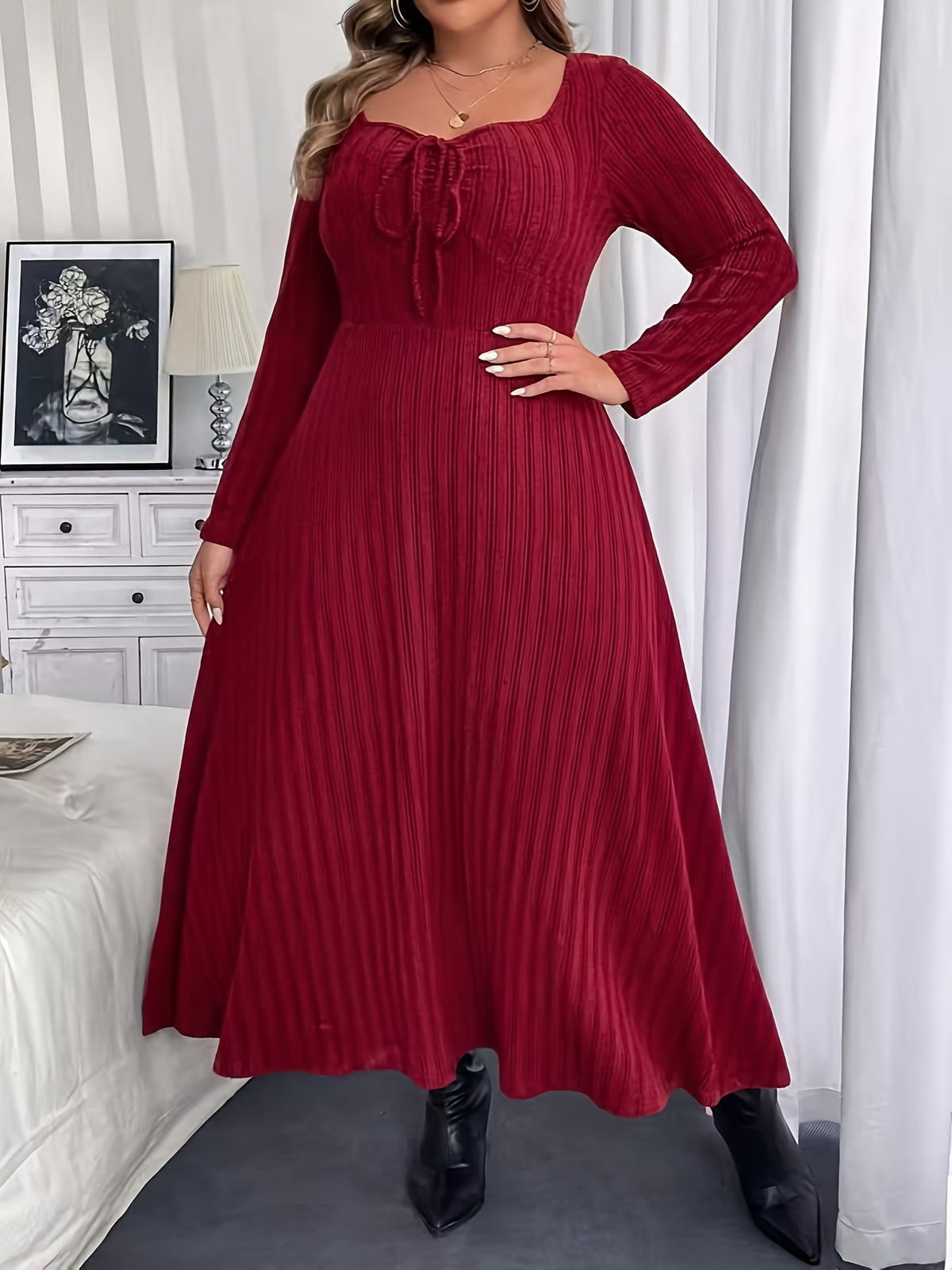 Robe longue bordeaux grande taille — Col carré à lien noué