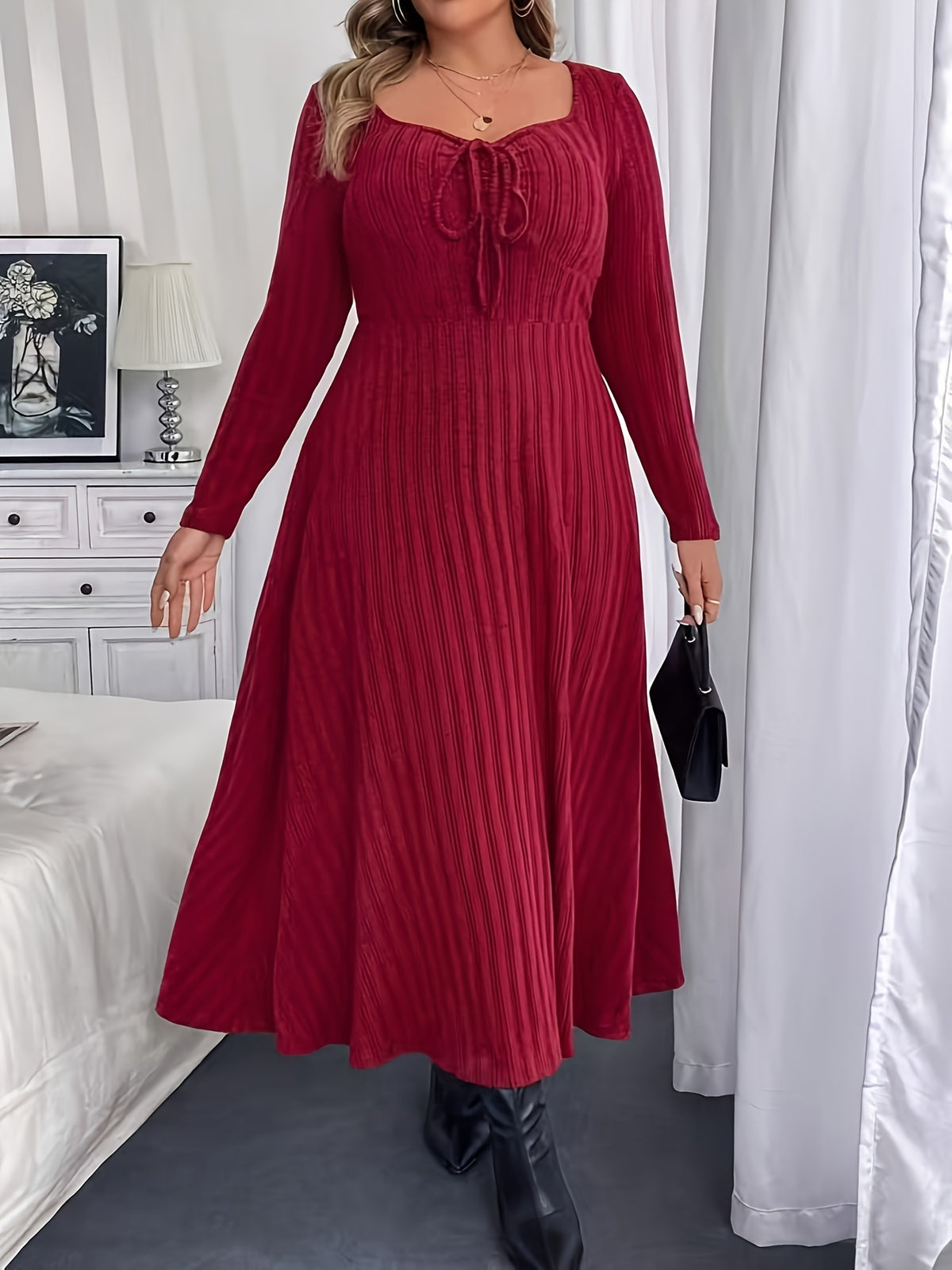 Robe longue bordeaux grande taille — Col carré à lien noué