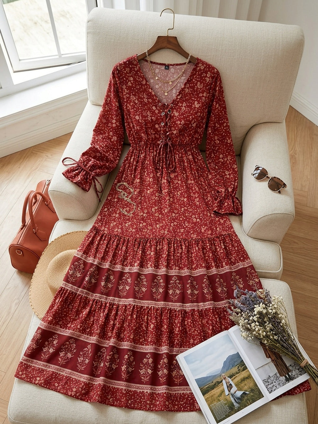 Robe longue grande taille — Laçage croisé et fleurs bordeaux