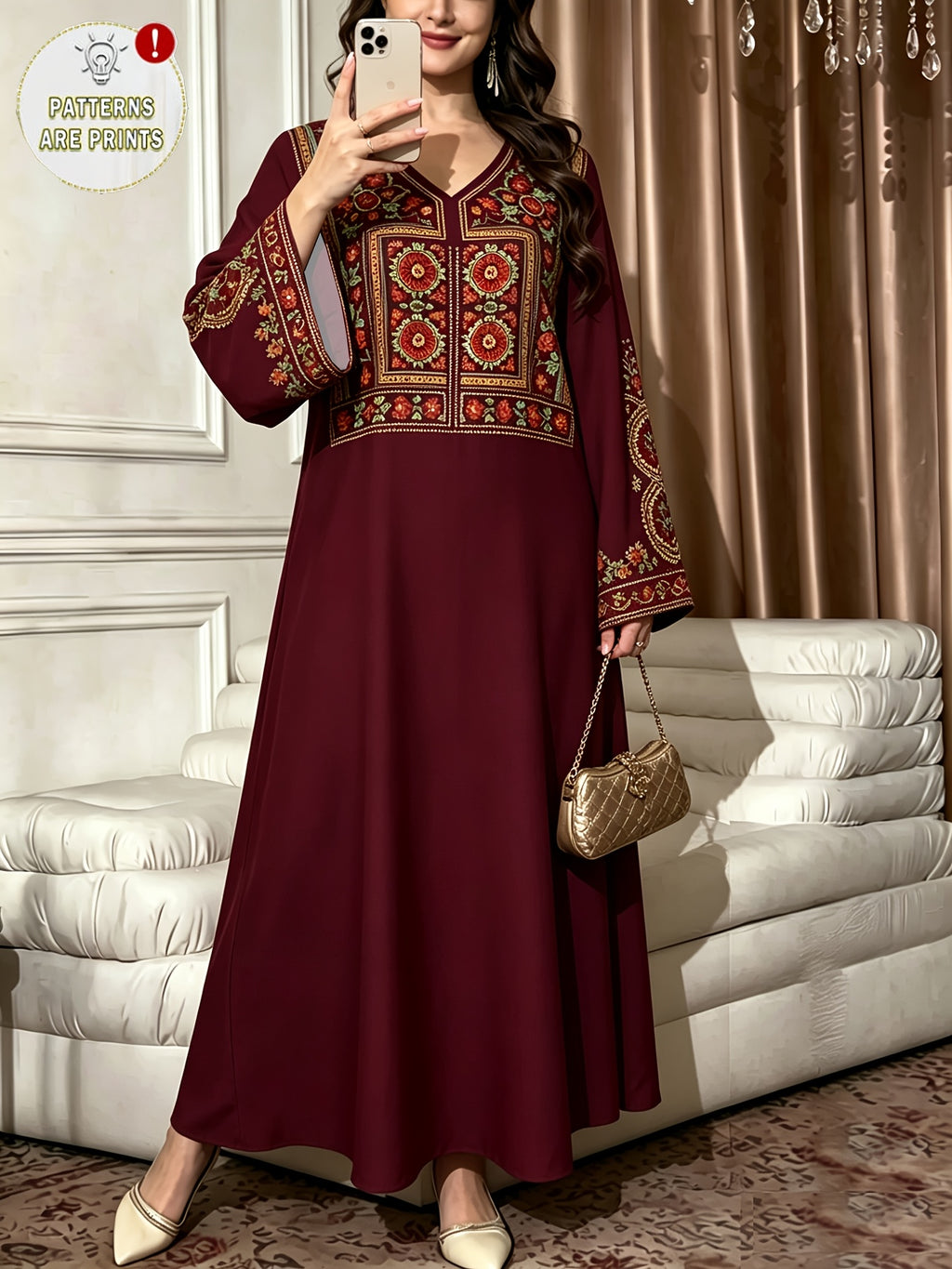 Robe longue grande taille — Bordeaux à plastron suzani encadré