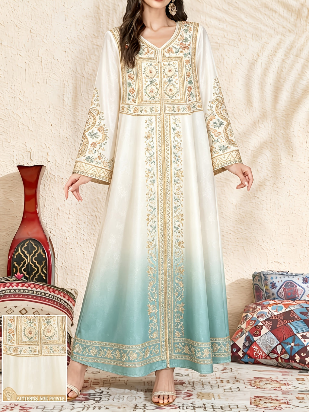 Robe longue grande taille — Bordeaux à plastron suzani encadré