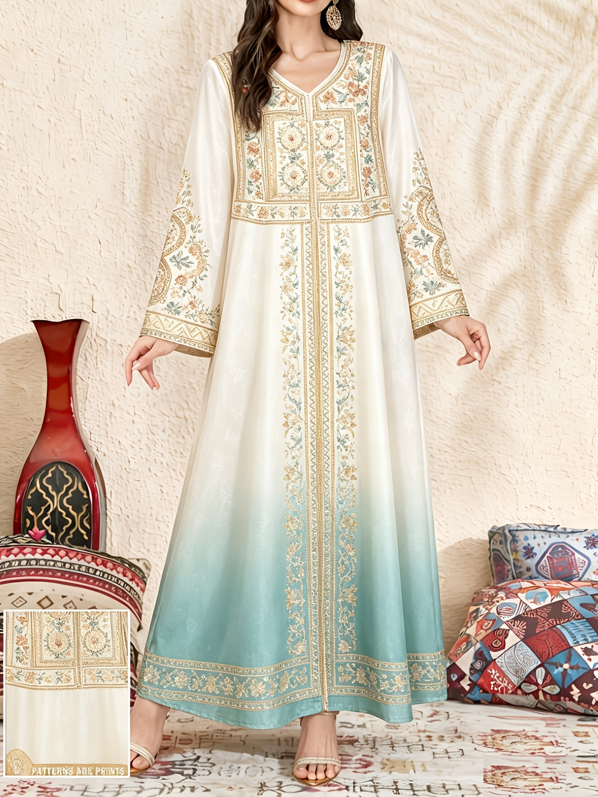 Robe longue grande taille — Bordeaux à plastron suzani encadré