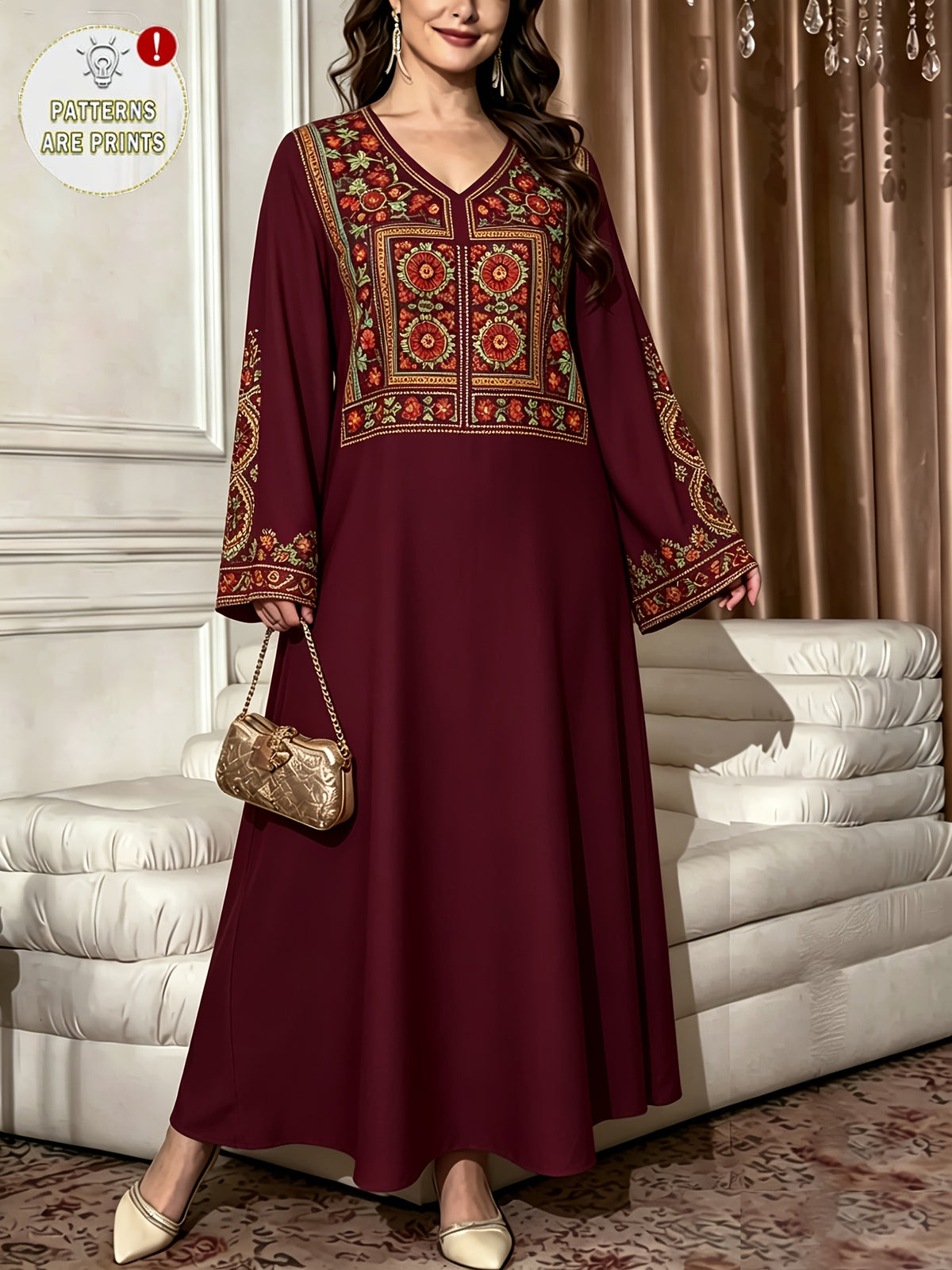 Robe longue grande taille — Bordeaux à plastron suzani encadré