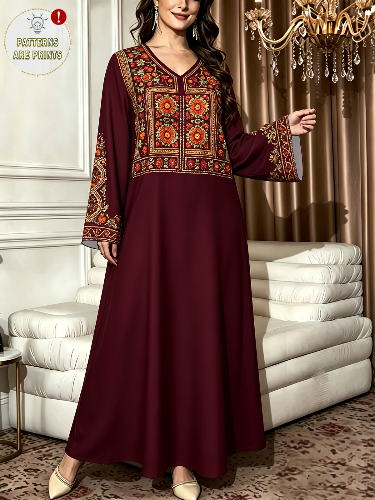 Robe longue grande taille — Bordeaux à plastron suzani encadré