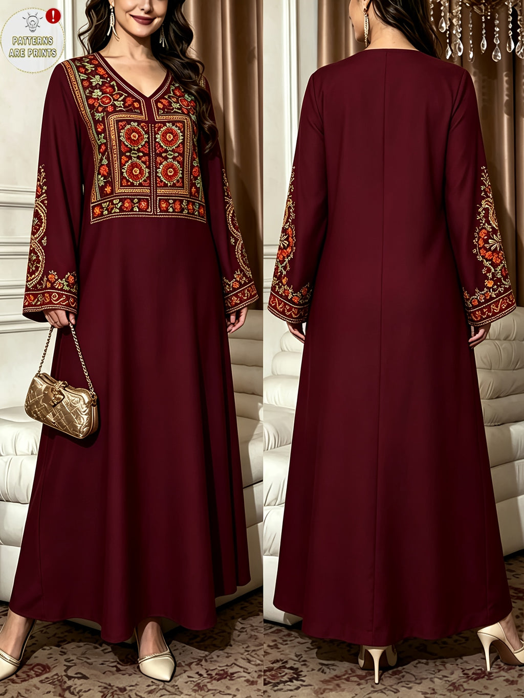 Robe longue grande taille — Bordeaux à plastron suzani encadré